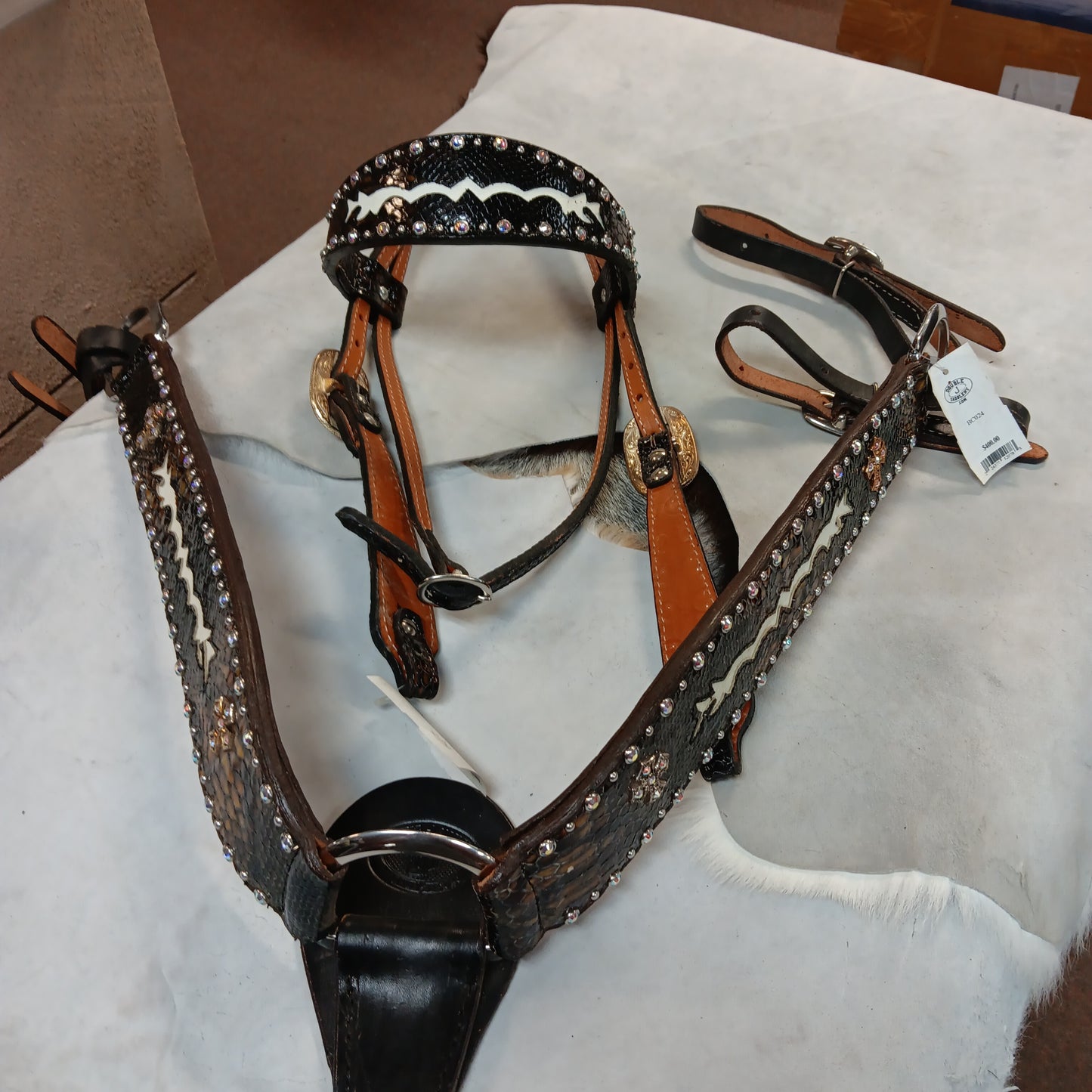 Double J saddlery snakeskin leather breast collar & headstall set